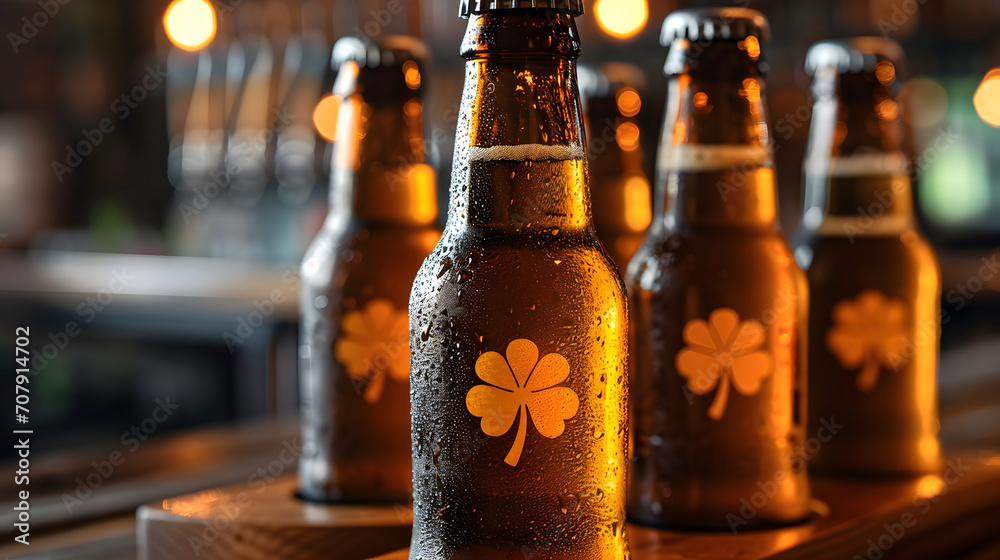 Refreshing beer bottles, adorned with golden clover logos, sit on a wooden surface in a warm and inviting ambiance, in St. Patrick's Day celebration.