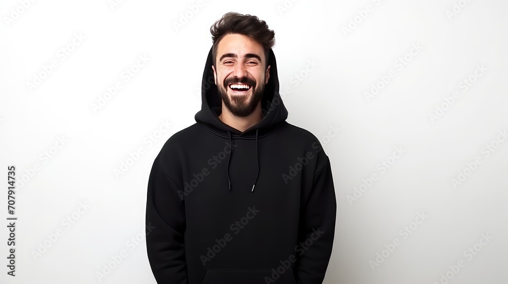 Handsome man in black sweatshirt laughing on a white background Handsome man in black sweatshirt laughing on a white background