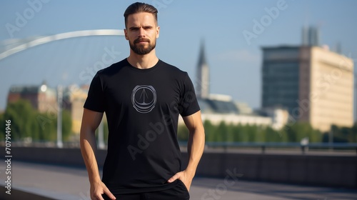 Portrait of a young man in a black T-shirt on the background of a modern city.