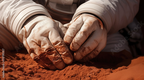 Close-up of an astronaut's gloved hands clasping the fine, reddish soil of Mars, symbolizing human exploration and discovery photo