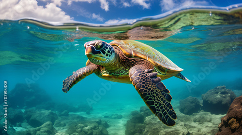 Hawaiian Green Sea Turtle Basking in the warm water