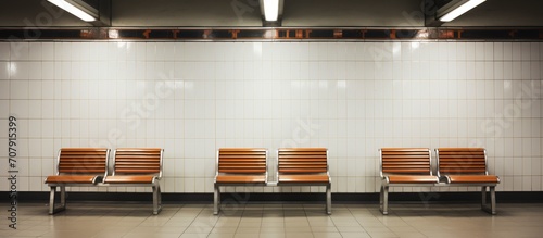 Vacant billboard in subway station lacking chairs