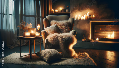 A cozy corner of a living room during evening time, but with brighter lighting