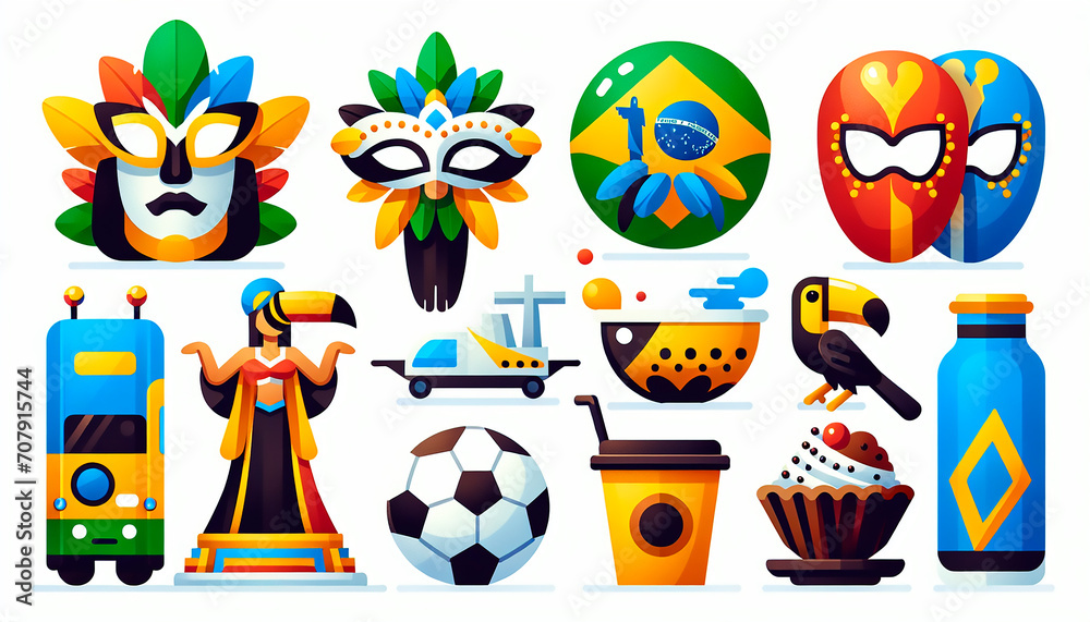 Illustrated set of travel-themed icons, each associated with the country of Brazil, displayed on a pristine white background