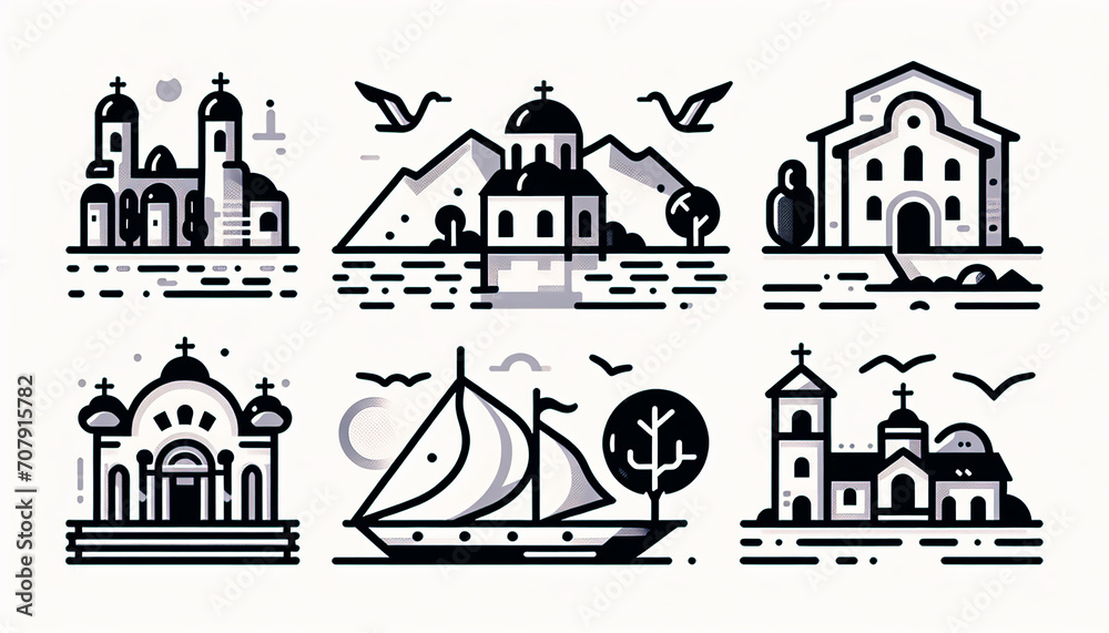 Illustrated set of travel-themed icons, each associated with Ohrid city in North Macedonia, displayed on a pristine white background