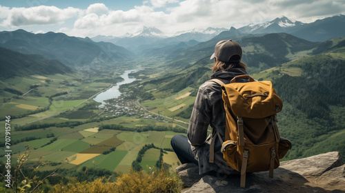traveler with a backpack sits on a cliff and looks and admires the beautiful view, active lifestyle concept, man traveling © ProstoSvet