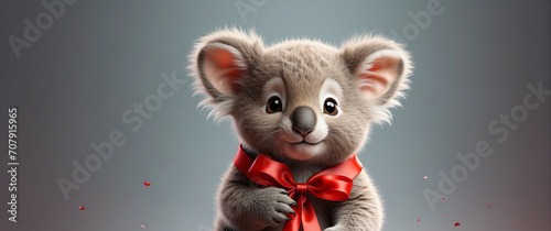 A cute baby koala illustration with a red ribbon on his neck. a portrait of a cute animal. Generative Ai