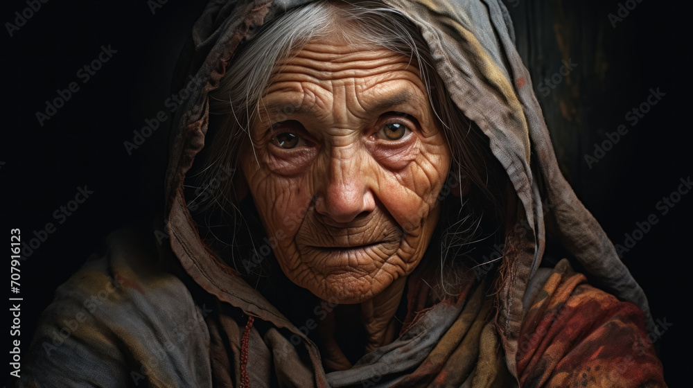 Closeup portrait of authentic granny village old wrinkled wise mature woman looking at camera with big eyes