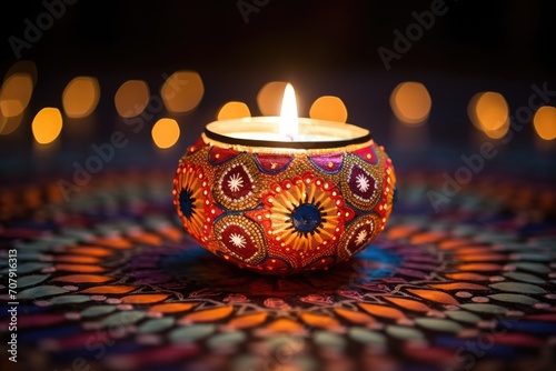 A small lamp called diwali deep is lit during diwali festivities along with floor decor. photo