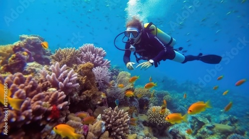 Underwater divers with coral reefs with fish, Similan, Andaman Sea, photo