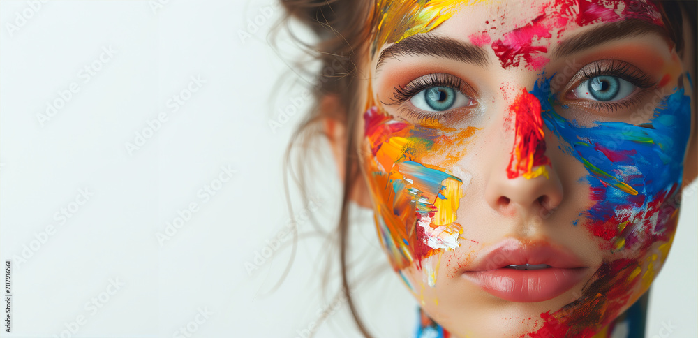 Woman with bright makeup and bright hair with bright colors on her face. Lovely young woman with colored rainbow eyelashes, multi-color wig and bright makeup touches her face. Beautiful fashion model 