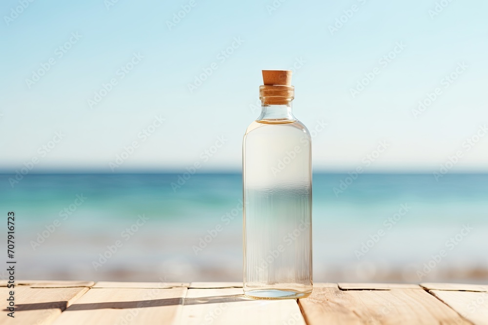 Label-less bottle with natural relaxation product on beach. Text area available. Label-less bottle with natural relaxation product on beach. Text area available.