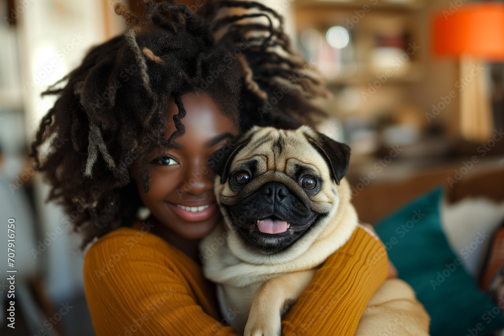 Happy black woman hugging her pug dog in a living room