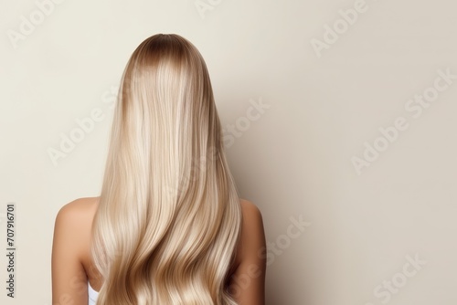 Blond hair and shampoo bottle with light background, space for text.