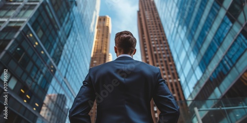 businessman stands against the backdrop of skyscrapers, rear view Generative AI