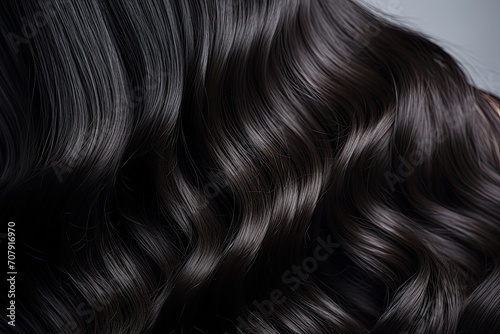 Long, dark, curly, beautifully styled hair. Black background with room for text. Hairdressing, care, coloring, and gray hair shading.