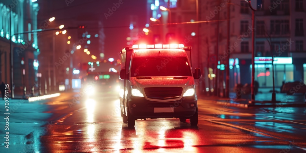 An ambulance responds to a call in the city at night Generative AI