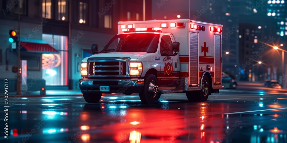 An ambulance responds to a call in the city at night Generative AI - obrazy, fototapety, plakaty 