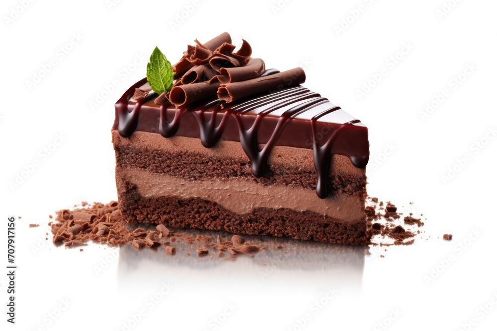 Obraz premium Fresh and delicious chocolate cake on isolated white background with shadow