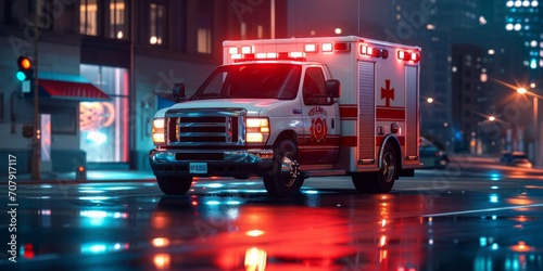 An ambulance responds to a call in the city at night Generative AI photo