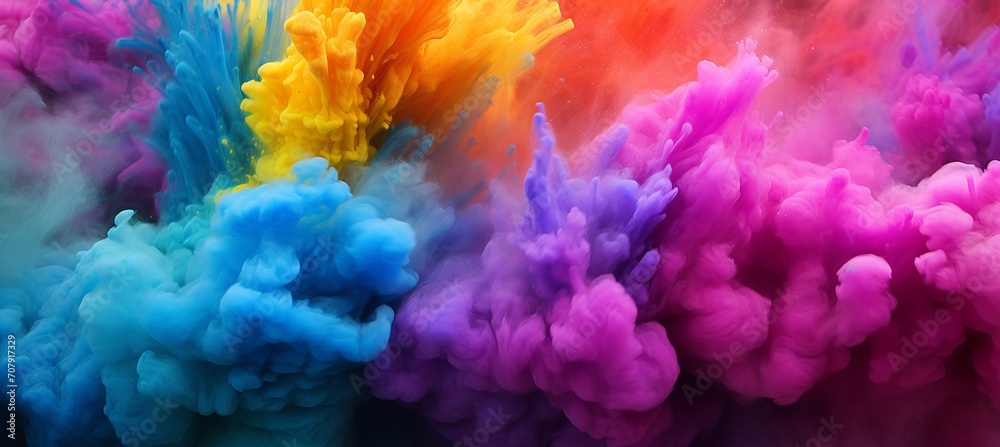 Vibrant colored powder explosion abstract close up of dust cloud resembling holi paint on backdrop