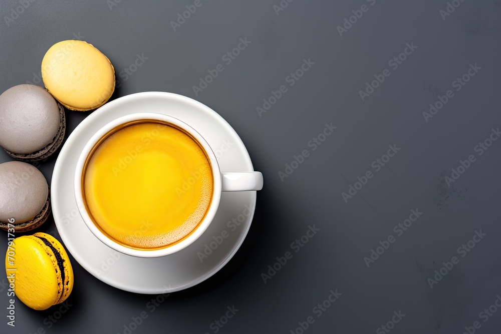 Top view of a trendy yellow and grey background with deep shadows featuring a cup of coffee and French macaroon pastries. Top view of a trendy yellow and grey background with deep shadows featuring a cup of coffee and French macaroon pastries.