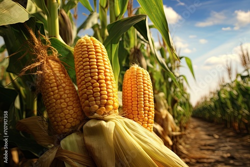 Corn cobs among cornfield.