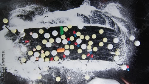 Hand scatters pills on a table covered with cocaine white powder mess on the table after a party drugs and pills lie on the table