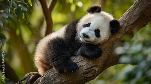 Panda bear sleeping on a tree branch