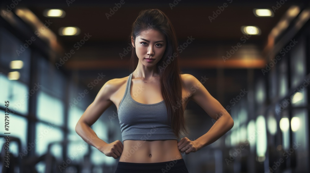 A young Asian girl in sportswear occupying a gym. Exercise equipment, running. Fitness and sports exercises.