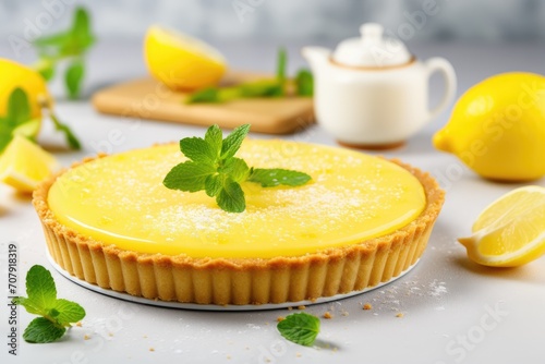 Yummy lemon tart on pale surface