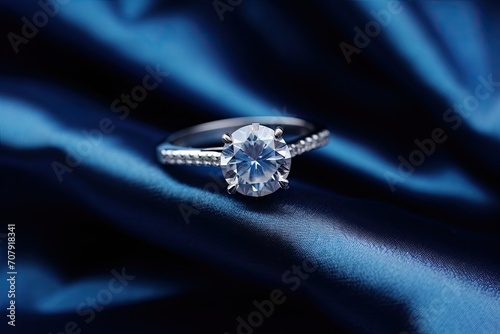 Engagement ring with diamond on blue backdrop