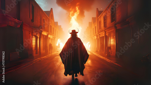 A magician walking on a city of fire