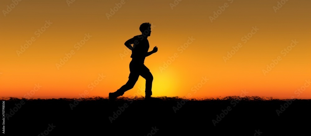 Silhouette of running man against the colorful sky. Silhouette Man Running IN Sunset.