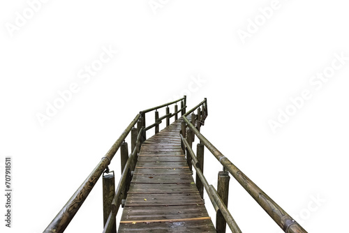 Cutout of an isolated front view of an empty wet wooden jetty bridge with the transparent png 