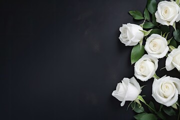 Top view of empty condolence card with fresh white roses against a black backdrop Opportunity for emotional text, quote, or sayings Flat lay