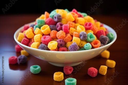 Fruity cereal in fun shapes, with natural and artificial fruit flavors, sweetened corn puffs.