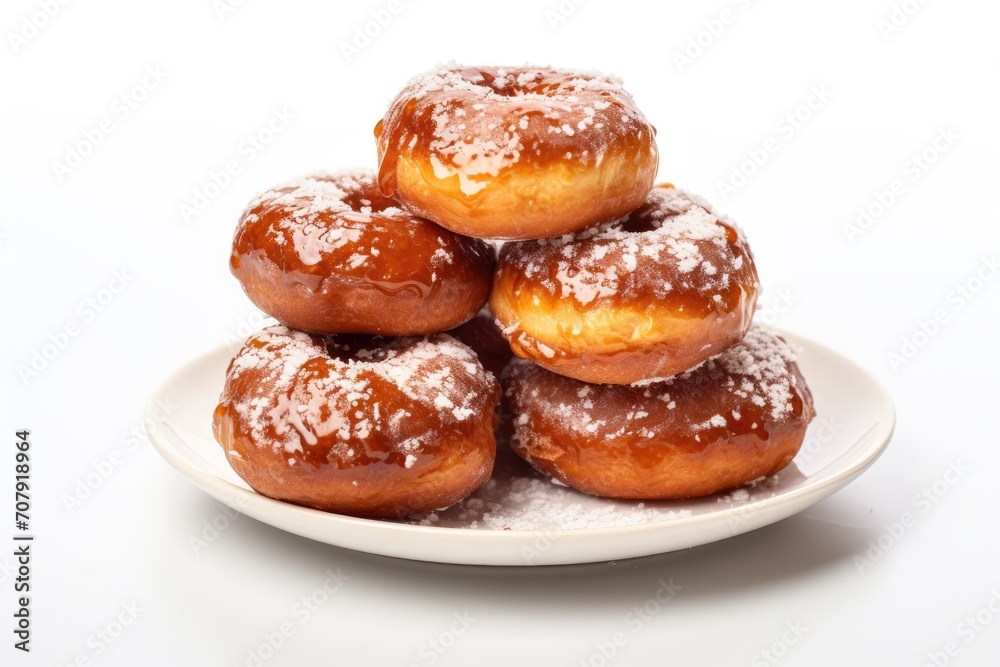 Isolated Hanukkah donuts with space for text, jam and sugar powder topping, traditional Jewish sweet doughnut symbols