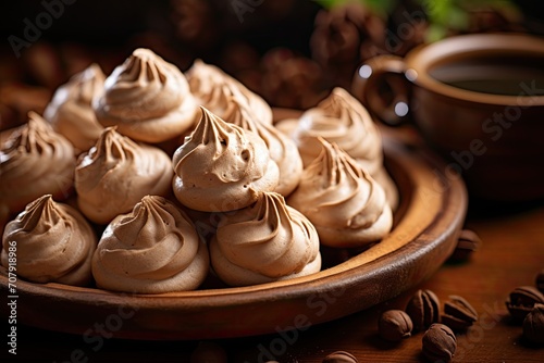 Hazelnut and coffee meringue cookies on light wooden background photo