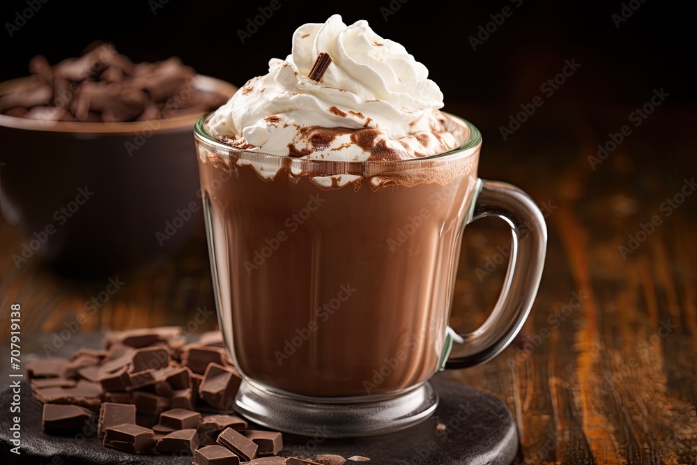 Hot chocolate with whipped cream and truffles on a vintage table. Copy space. Hot chocolate with whipped cream and truffles on a vintage table. Copy space.