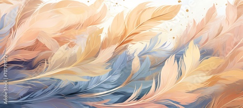 Whimsical seamless pattern with feathers, birds, crystals on peach fuzz tone background