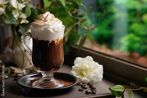 Vienna Coffee traditional Austrian coffee beverage topped with whipped cream and cocoa powder, popular korean trend, Against the backdrop of a garden cafe in the greenery of leaves of bushes and trees