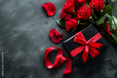 Elegant gift box adorned with a red ribbon lies next to a bouquet of red roses on a textured slate background, Valentine's Day Gift.