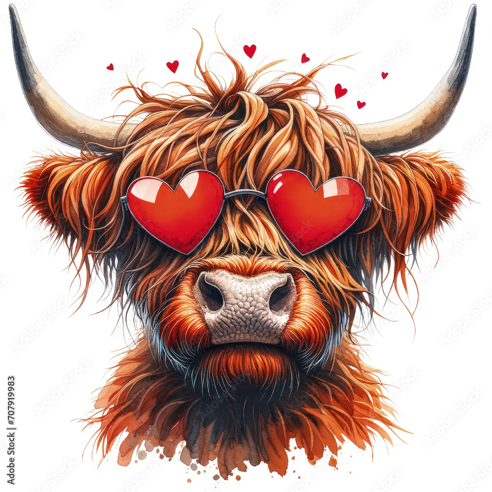 Highland Cow, now with the heart dynamically stretching out from its eyes,Valentines Day,PNG,Clipart,Watercolor
illustration,Isolated on Transparent Background - obrazy, fototapety, plakaty 