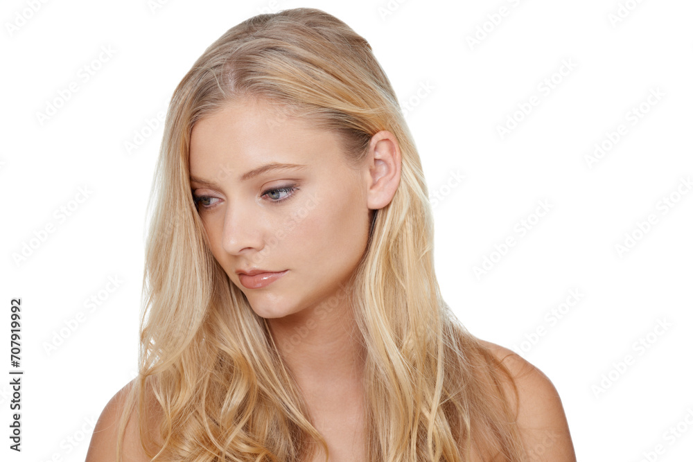 Woman, thinking and beauty with cosmetics in studio for hair care, keratin treatment and shampoo shine. Model, person and thoughtful with skincare, mock up space and hairstyle on white background Woman, thinking and beauty with cosmetics in studio for hair care, keratin treatment and shampoo shine. Model, person and thoughtful with skincare, mock up space and hairstyle on white background