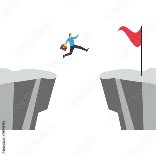 Business challenge concept with businessman running and jumping over gaps. Symbol of opportunity, success, ambition and courage.

