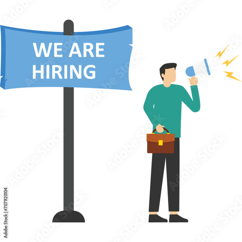 Employee recruitment concept. Man with megaphone announces vacancies and looking for professionals to work in company. Vector illustration visual story for web

