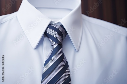 Close up shot of a buttoned collared shirt with tie, nobody present.