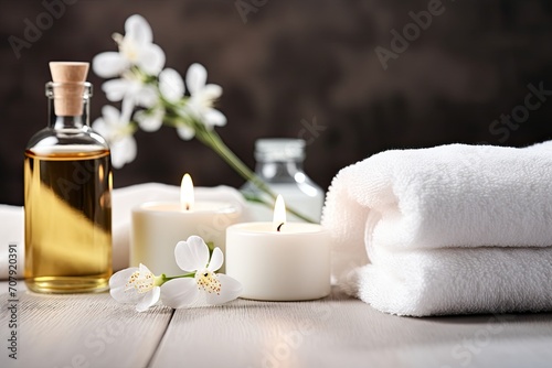 Aromatherapy setting with spa elements and neutral colors