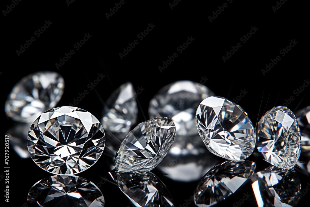 Expensive diamonds, white background, ground reflections, ample space for text Expensive diamonds, white background, ground reflections, ample space for text